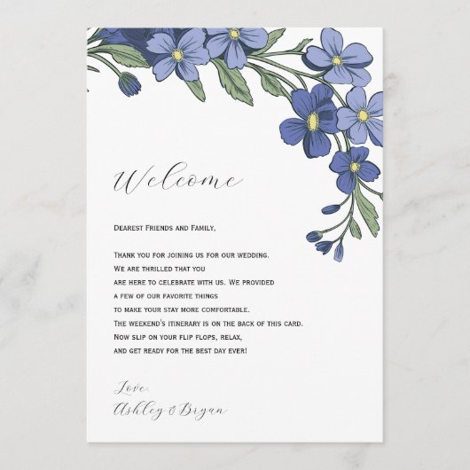 Periwinkle Floral Wedding Welkomstbrief Route Programma (Voorkant)