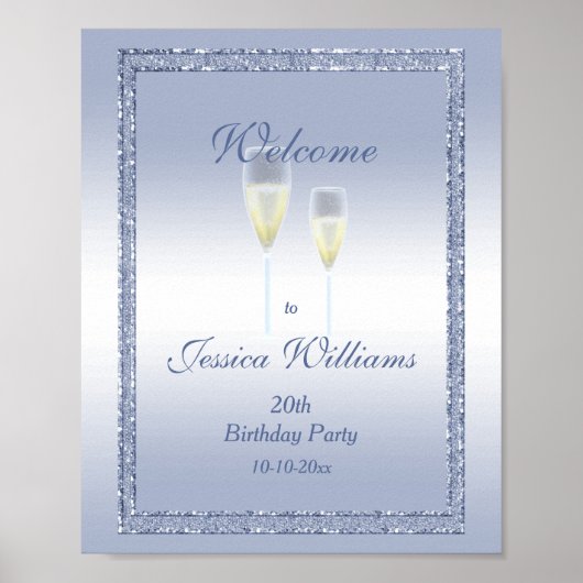 Periwinkle Glitter & Champagne Flutes Birthday Poster (Voorkant)