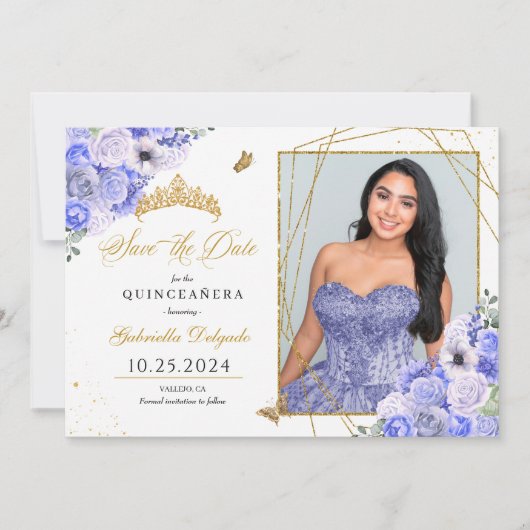 Periwinkle & Gold Quinceañera Bewaar de datum Foto Kaart (Voorkant)