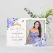 Periwinkle & Gold Quinceañera Bewaar de datum Foto Kaart (Staand voorkant)