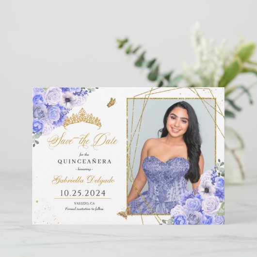 Periwinkle & Gold Quinceañera Bewaar de datum Foto Kaart (Staand voorkant)