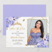 Periwinkle & Gold Quinceañera Bewaar de datum Foto Kaart (Voorkant / Achterkant)