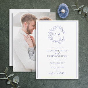 Periwinkle Leafy Crest Monogram Foto bruiloft Kaart