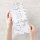 Periwinkle Leafy Crest Monogram Weddenschap All In One Uitnodiging (Afscheurbaar)