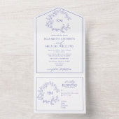 Periwinkle Leafy Crest Monogram Weddenschap All In One Uitnodiging (Binnen)
