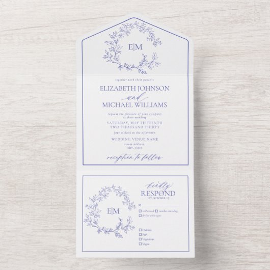 Periwinkle Leafy Crest Monogram Weddenschap All In One Uitnodiging (Binnen)
