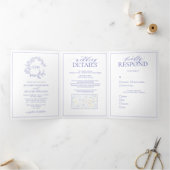Periwinkle Leafy Crest Monogram Weddenschap Drieluik Uitnodiging (Binnen)