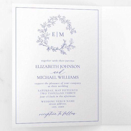 Periwinkle Leafy Crest Monogram Weddenschap Drieluik Uitnodiging (Binnenzijde eerst)