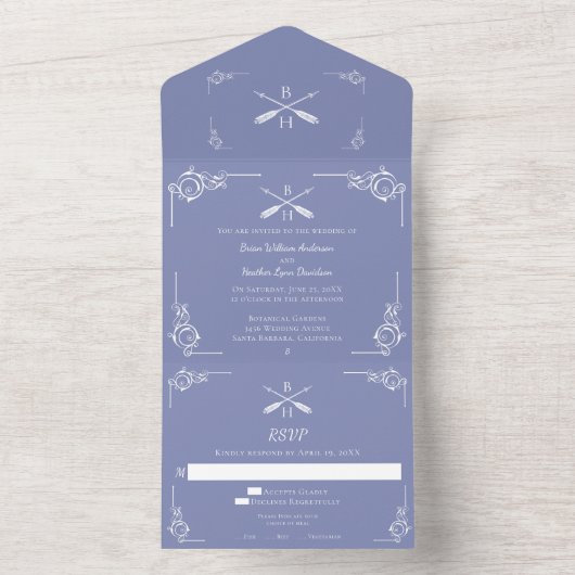 Periwinkle Monogram en Pijlen Bruiloft All In One Uitnodiging (Binnen)