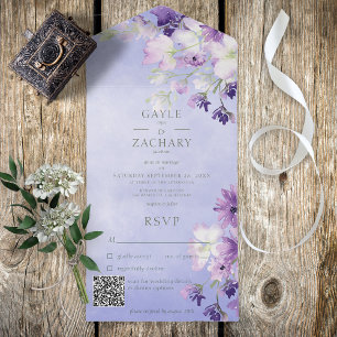 Periwinkle Paarse Boho Floral QR Code All In One Uitnodiging