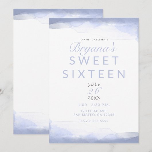 Periwinkle Paarse Waterverf Modern Chic Sweet 16 Kaart (Voorkant / Achterkant)
