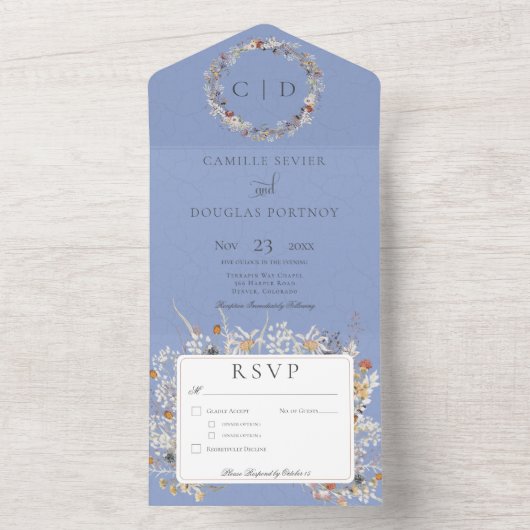 Periwinkle Romantic Wildflower All In One Uitnodiging (Binnen)