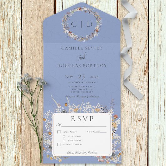 Periwinkle Romantic Wildflower All In One Uitnodiging