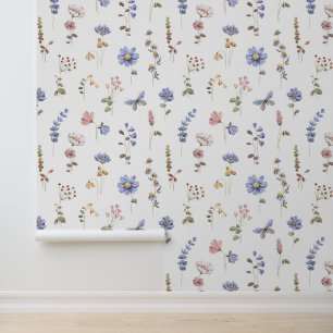 Periwinkle Roze Waterverf Wildbloemen Vlinder Behang