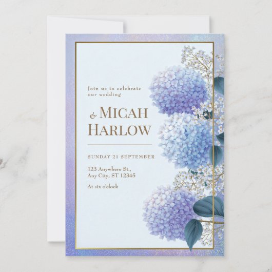Periwinkle Stardust Hydrangea Gold Frame Wedding Kaart (Voorkant)