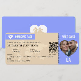 Periwinkle & Warm Sand Boarding Pass Wedding Kaart