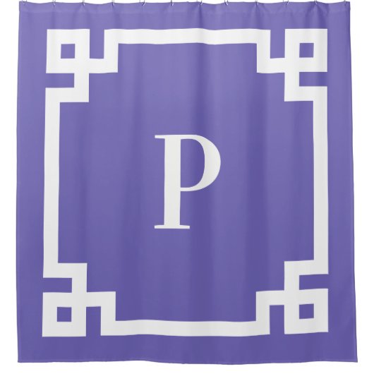 Periwinkle wit Grieks sleutel vet grens monogram Douchegordijn (Voorkant)