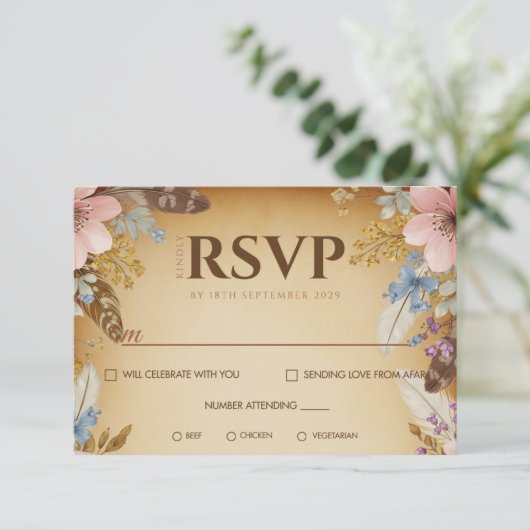 perkament en bloemen bruiloft RSVP Kaart (Staand voorkant)
