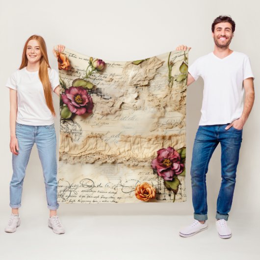  Perkament Liefdesbrief met Bloemen (8) Fleece Deken (In situ)