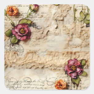  Perkament Liefdesbrief met Bloemen (8) Vierkante Sticker