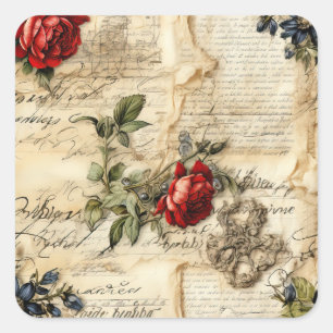  Perkament Liefdesbrief met Bloemen (9) Vierkante Sticker