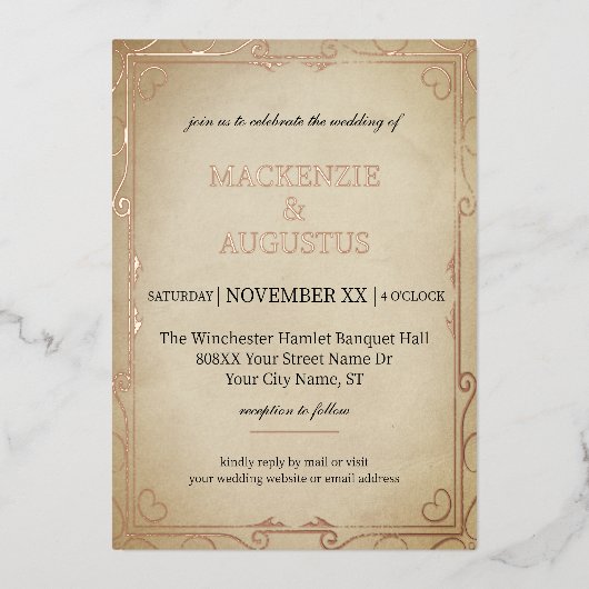  perkament met gouden bruiloft folie uitnodiging (Voorkant)