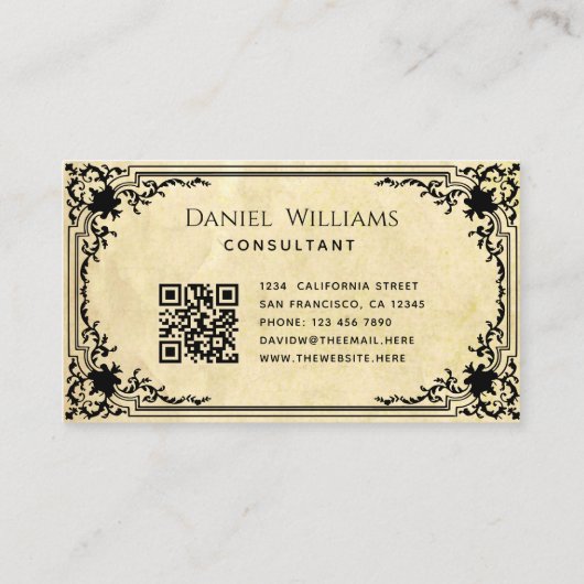  perkament Oud papier Elegant script QR-code Visitekaartje (Achterkant)