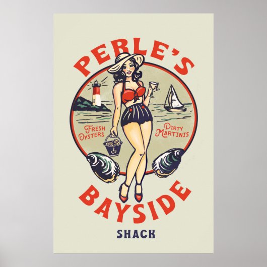 "Perle's Bayside Oyster Shack" Cute, Retro Seaside Poster (Voorkant)