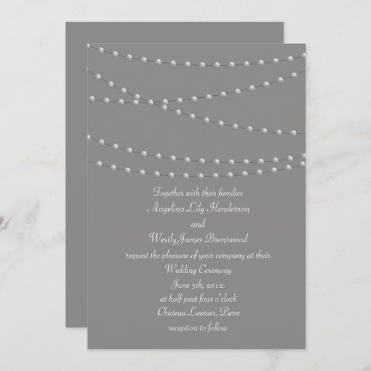 Perles élégantes sur Faire-part de mariage gris (Devant / Derrière)