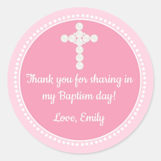 Perles Favorisent Étiquette rose fille Baptême Com (Devant)