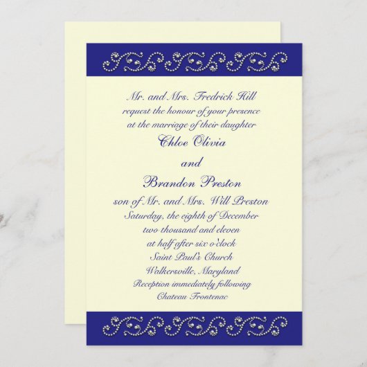 Perles, Hors Faire-part de mariage Bleu Sapphire B (Devant / Derrière)