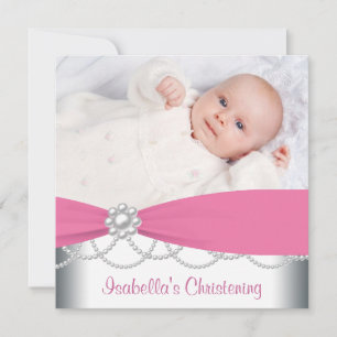Perles roses Filles Photo rose Baptême Invitation