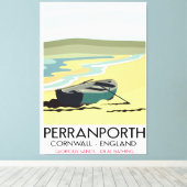 Perranporth Cornwall reisposter aan zee. Canvas Afdruk (Insitu (Houten vloer))