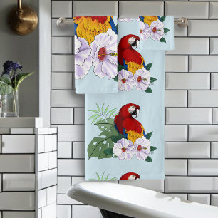 Perroquet Ara Rouge Tropical Fleur d'Hibiscus Blan