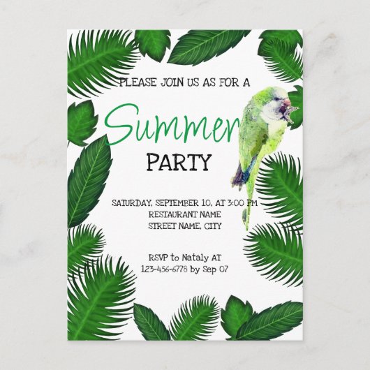 Perroquet vert et palmier feuille été invitation (Devant)