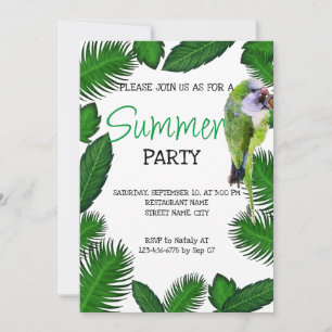 Perroquet vert et palmier feuille invitation tropi