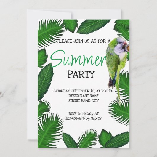 Perroquet vert et palmier feuille invitation tropi (Devant)