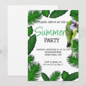 Perroquet vert et palmier feuille invitation tropi (Devant / Derrière)