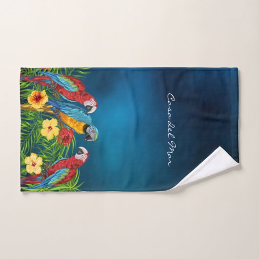 Perroquets bleu tropical feuille nom de la maison (Serviette à main)