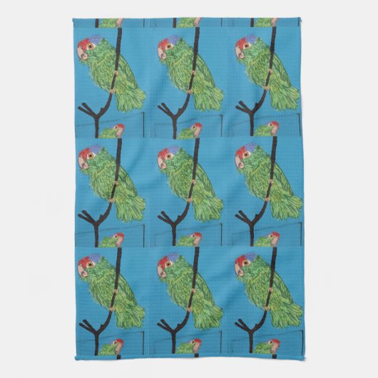 perroquets verts sur linge de cuisine bleu (Vertical)