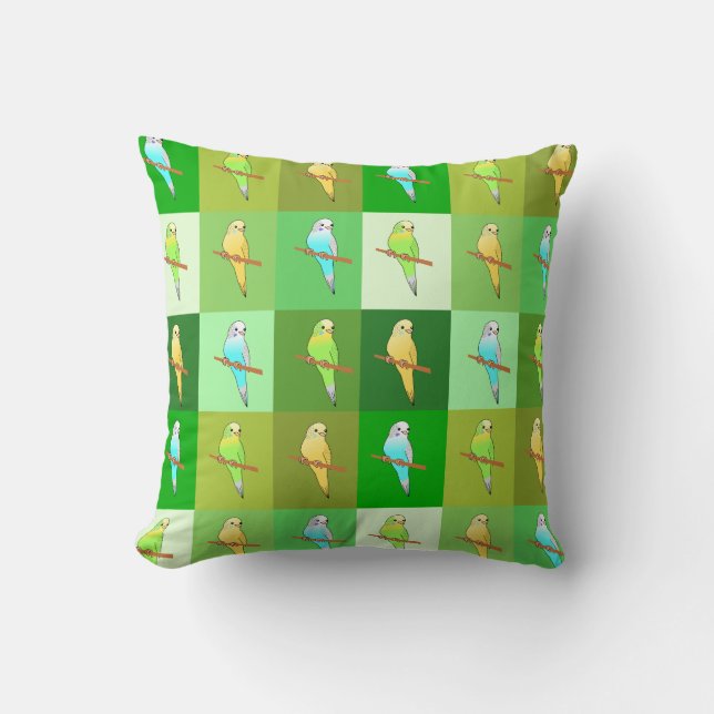 Perruches dans le coussin vert de motif de carrés (Recto)