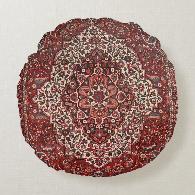 Persian Bakhtiari Deep Dark Red Tan  Rond Kussen (Voorkant)
