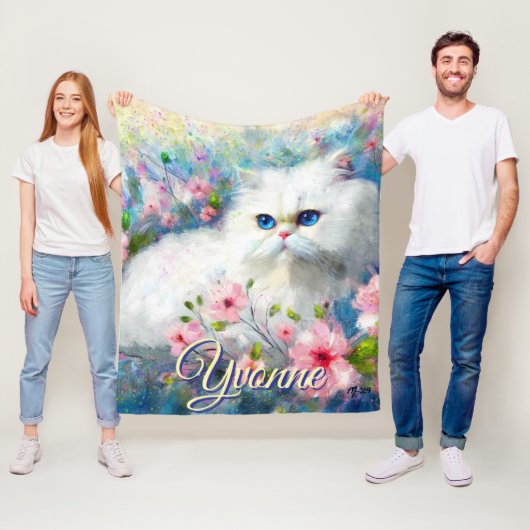 Persian Cat Blue Eyes in Pink Flowers Personalized Fleece Deken (In situ)