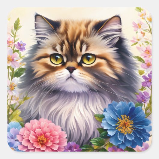 Persian Cat Floral Art Vierkante Sticker (Voorkant)