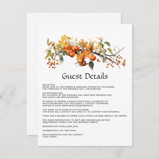 Persimmon Floral Wedding Gast Details Informatiekaartje (Voorkant / Achterkant)