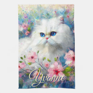 Persische Kat met Blauwe Ogen in Roze Bloemen Pers Theedoek