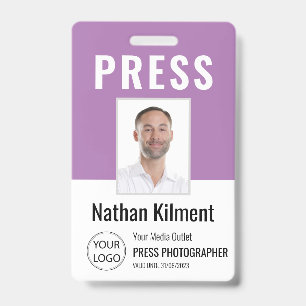 Perskaart Journalist Pasfoto Naam Logo ID Paars Badge