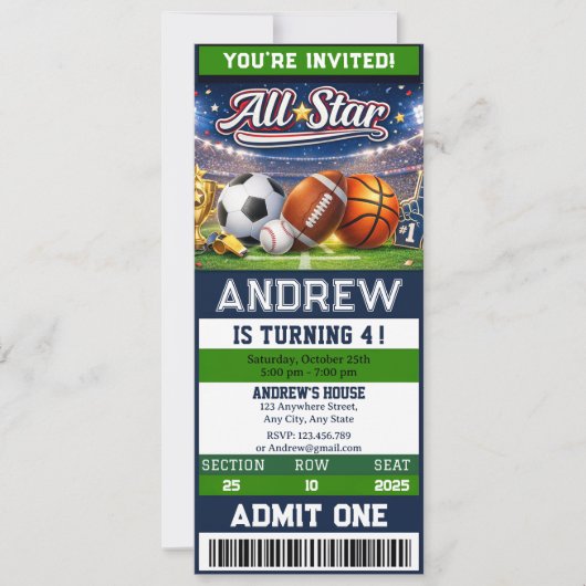 Personal All Star Sports Ticket Birthday Kaart (Voorkant)