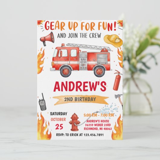 Personal FireFigher truck Birthday with image Kaart (Staand voorkant)