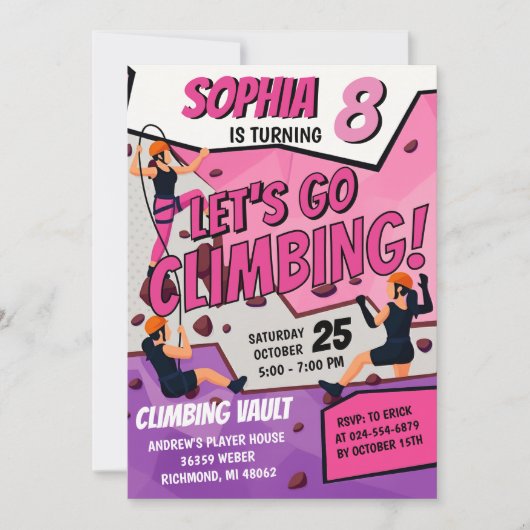 Personal Girls Rock Climbing Birthday Invitation (Devant)